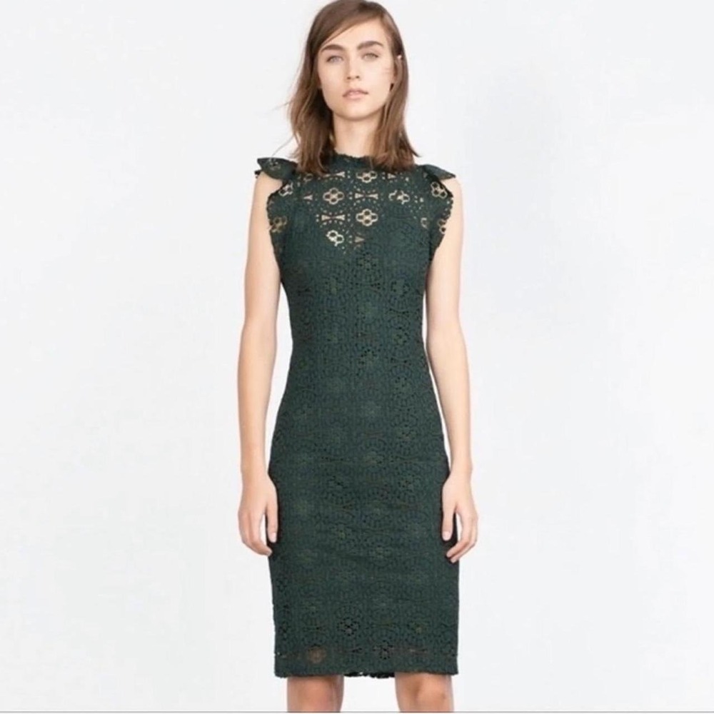 ZARA WOMAN Green Lace Mock Neck Flutter Sleeve Sheath Dress XS Made in Turkey